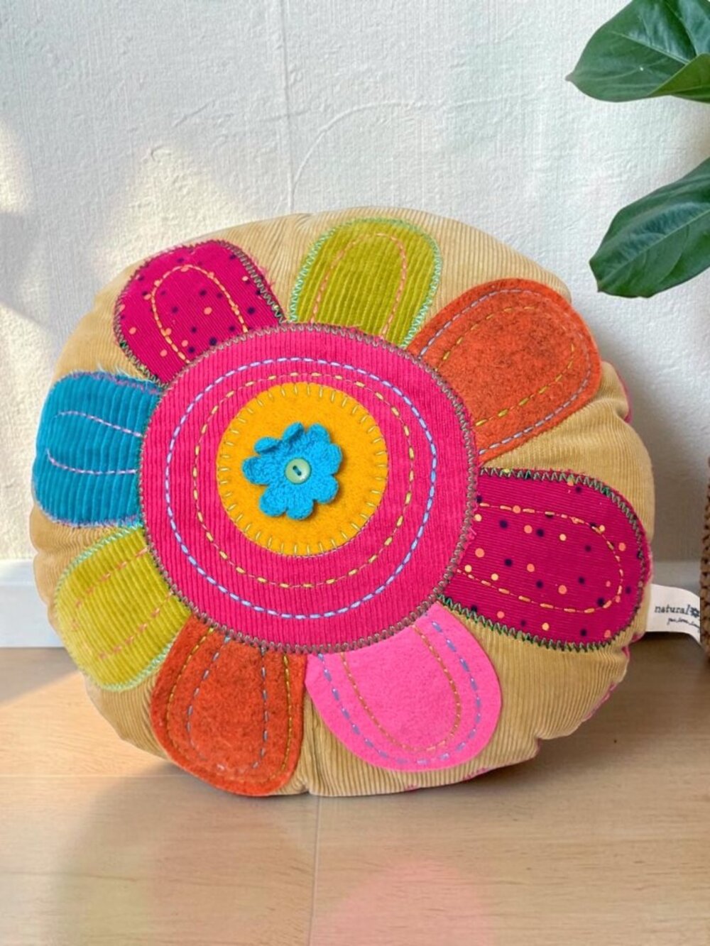 Natural Life retro 70's groovy flower boho fairy patchwork crochet round pillow